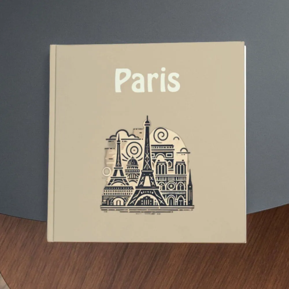 Eiffel Tower and Paris landmarks illustration on a beige photo album cover.