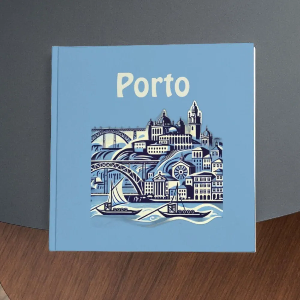 Stylised Porto cityscape illustration, Portugal, with iconic bridges and architecture.