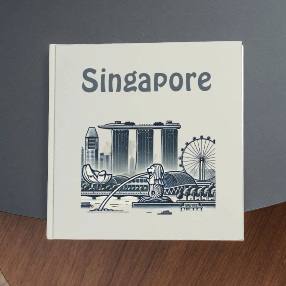Singapore skyline and iconic landmarks illustration, travel, cityscape, tourist destination, Singapore attractions, modern skyline, travel souvenir, tourism.