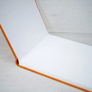 Blank white cardboard box with orange edges, open for packaging or storage.